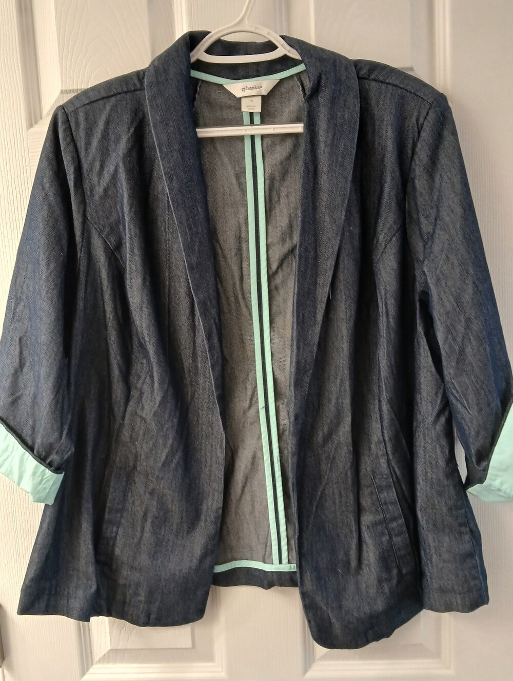 CJ Banks Open‑Front Lightweight Denim‑Look Blazer – 1X – 3/4 Roll‑Tab Sleeves